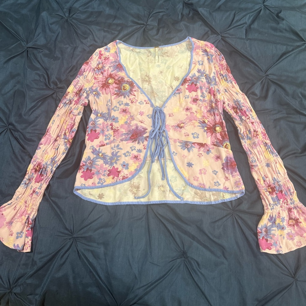 Free People Floral Print Tie-Front Venice Peplum Top Medium